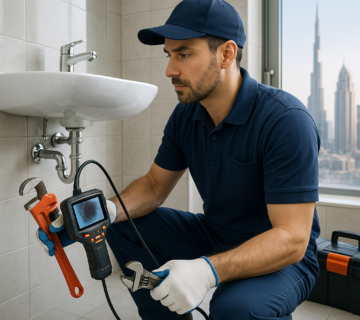 A certified plumber working in an apartment in Dubai by using the latest tools, with the city’s skyline in the background 