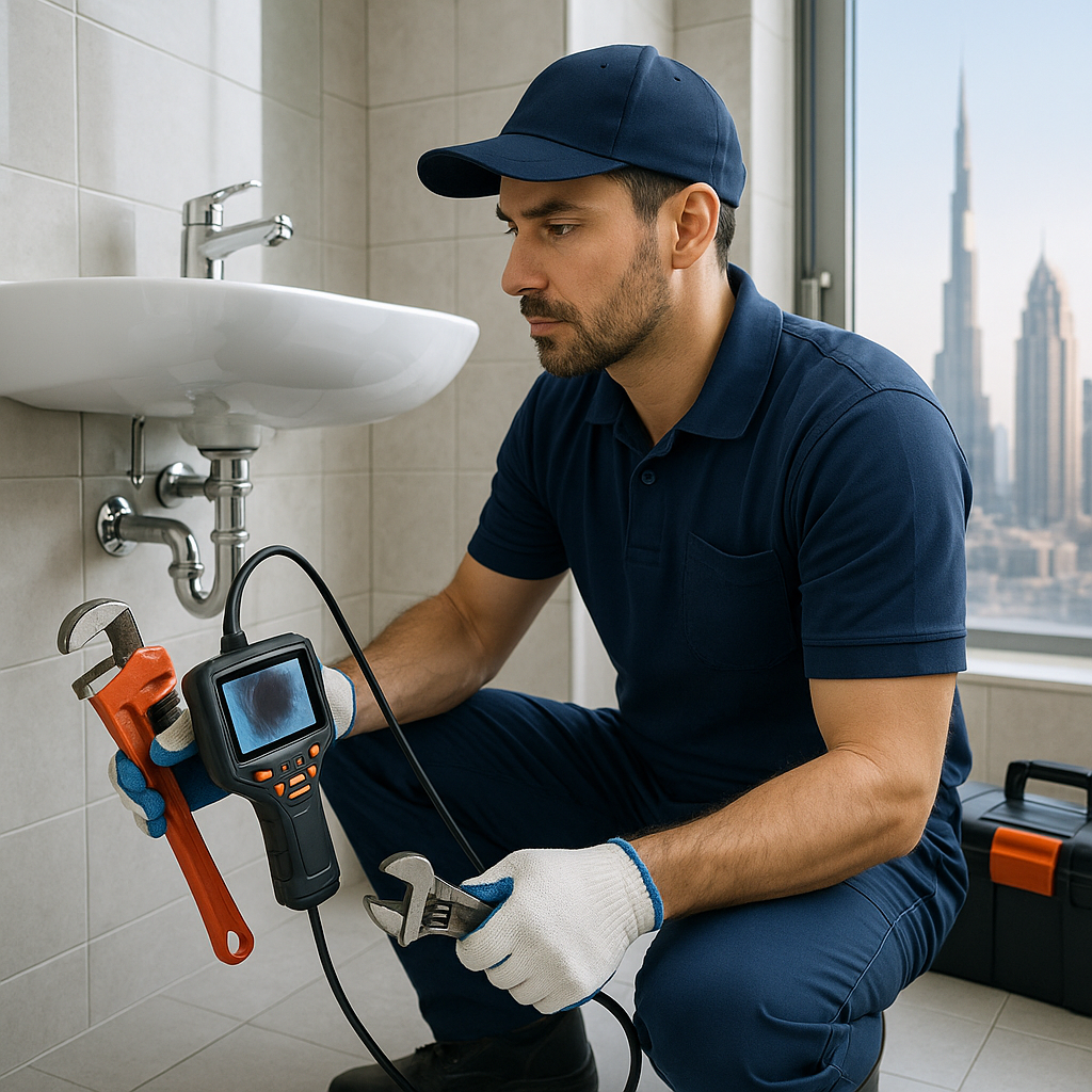 A certified plumber working in an apartment in Dubai by using the latest tools, with the city’s skyline in the background